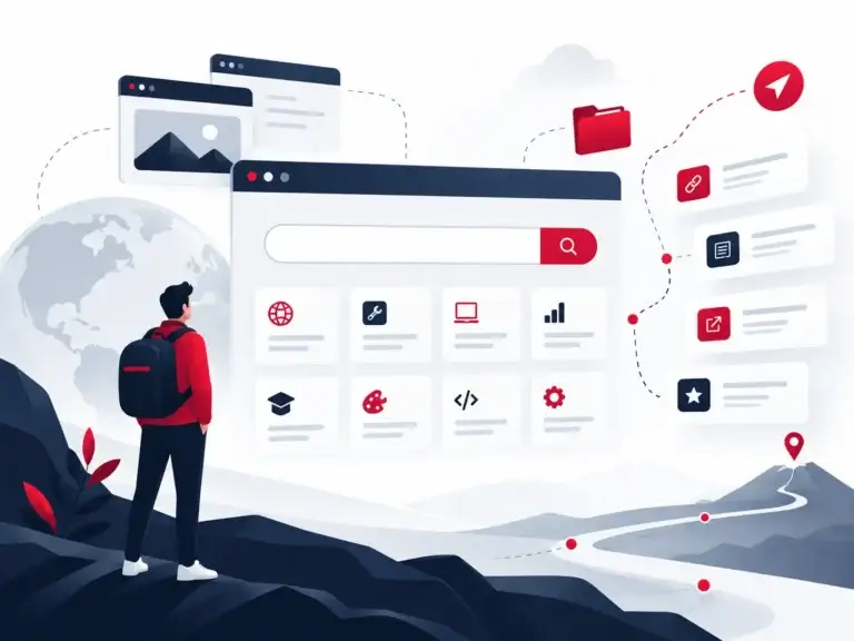 Moderne illustratie voor Link Top 100 met een overzicht van websites, online tools en online ontdekking