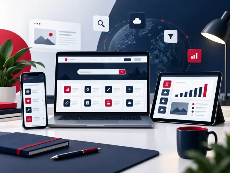 Digitale workspace illustratie van Link Top 100 met websites, online tools en internetgids elementen