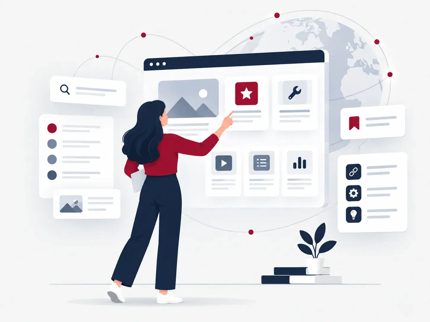 Over ons beeld van Link Top 100 met een vrouw die online categorieën, websites en tools ontdekt binnen een internetgids
