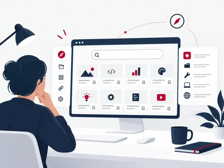 Over ons illustratie van Link Top 100 met een moderne werkplek, websites, online tools en een internetgids op een scherm
