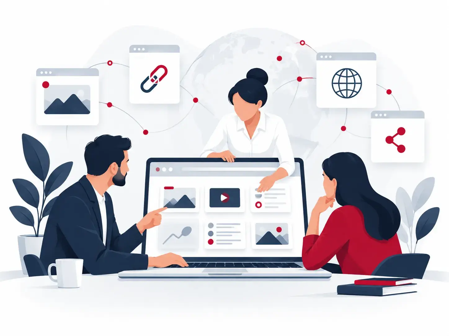 Illustratie voor Partners bij Link Top 100 met samenwerking rond websites, online tools en een internetgids