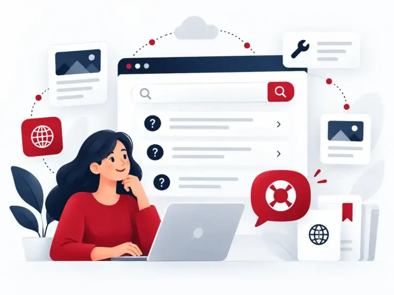 Faq illustratie van Link Top 100 met websites, online tools en een internetgids in een moderne helpcenter stijl